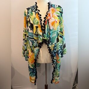 Melissa Paige Multicolor Floral Cape with Black Tassel Trim
